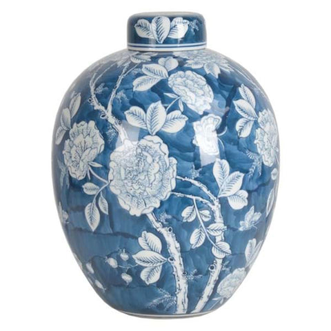 BLANC MARICLO' Vase déco couvercle bleu et fleurs blanches H30cm A29319