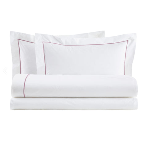 BLANC PERLE Parure de lit double "BACCHETTA Incenso" en coton percale blanc et rose