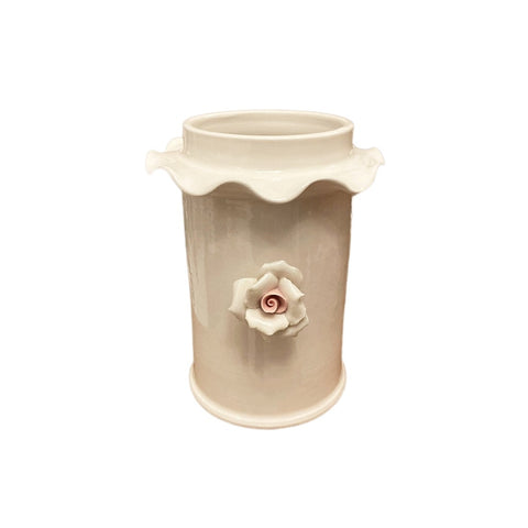 AD REM COLLECTION Small white porcelain tumbler holder with rose Ø9 H15 cm