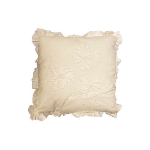 BLANC MARICLO' Coussin décoratif carré à fleurs et volant en coton blanc 45x45 cm