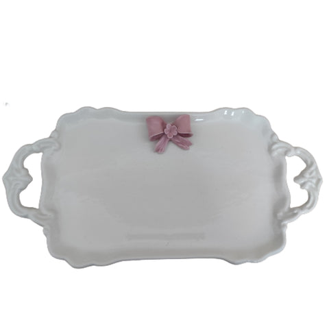 NALI' Capodimonte porcelain tray with handles and pink bow 34x18cm LF33ROSA