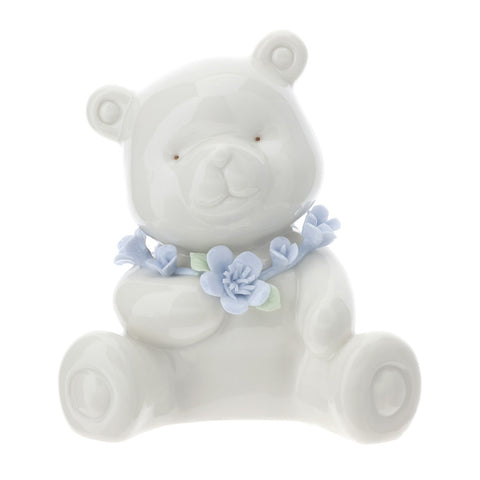 Hervit Figurine ours en porcelaine à fleurs bleues, idée cadeau de mariage H11cm