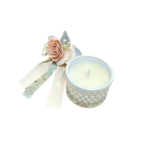 FIORI DI LENA Candle 90 g with Capodimonte porcelain rose, bow decoration and glass box 100% made in Italy H 11 cm