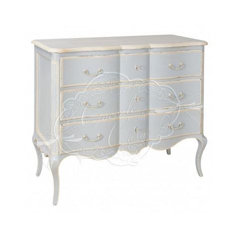 COCCOLE DI CASA Agate bedside table in poplar wood and mdf with three drawers, dusty light blue color made in italy Shabby Chic vintage antiqued effect 120X52X102 cm