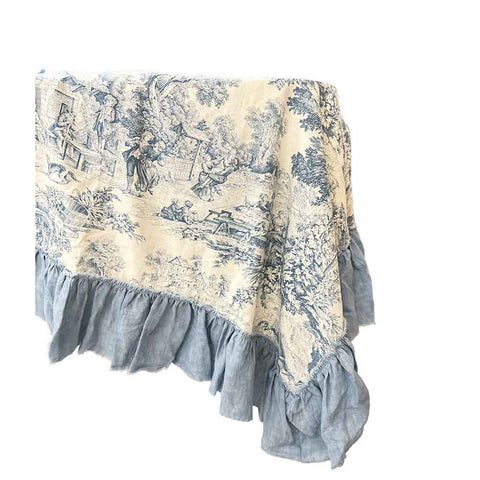 CHARME Light blue and white Toile de jouy table cover with ruffles made in Italy 170x170 cm