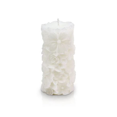 CERERIA PARMA Moccolo fiorito grande candela decorativa cera bianco Ø6,5 H14 cm