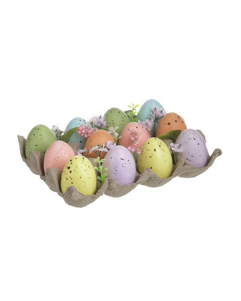 INART Set of 12 cardboard Easter eggs with multicolored flowers, plastic Easter decoration 20x15x7 cm