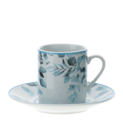 HERVIT Set due tazzine caffè blu con piattino in porcellana Botanic Ø9x5 cm