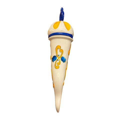 SHARON Corne moyenne décoration porte-bonheur en porcelaine jaune et bleue H30 cm