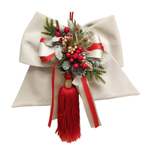 FIORI DI LENA Fiocco in velluto bianco con decoro natalizio e nappa rosso H30 cm