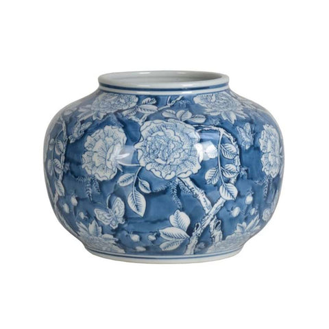 BLANC MARICLO' Vaso decorativo basso in porcellana blu con fiori H20 cm A29318