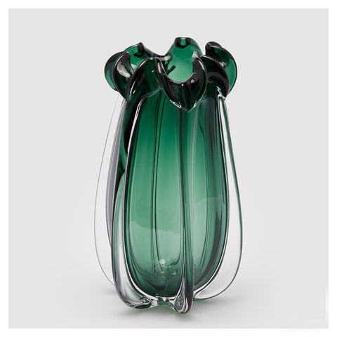 EDG Enzo de Gasperi Indoor vase with flower neck in green polished glass "Volute", flower or plant holder, modern style H38xD20 cm