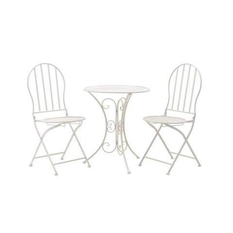INART Ensemble table et deux chaises de jardin d'extérieur en métal / fer blanc / ivoire, vintage