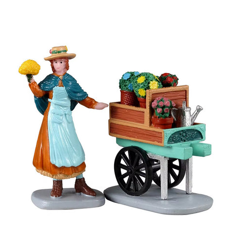 LEMAX Lot de 2 Femme avec chariot à fleurs "Merry's Garden" pour votre village de Noël H6.5cm