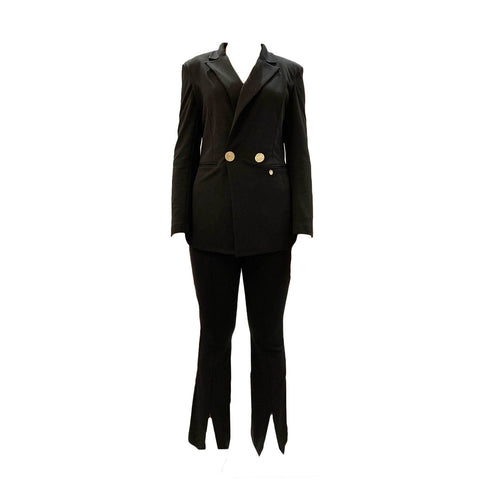 NIKAMO Ensemble tailleur femme noir veste cintrée et pantalon évasé boutons dorés