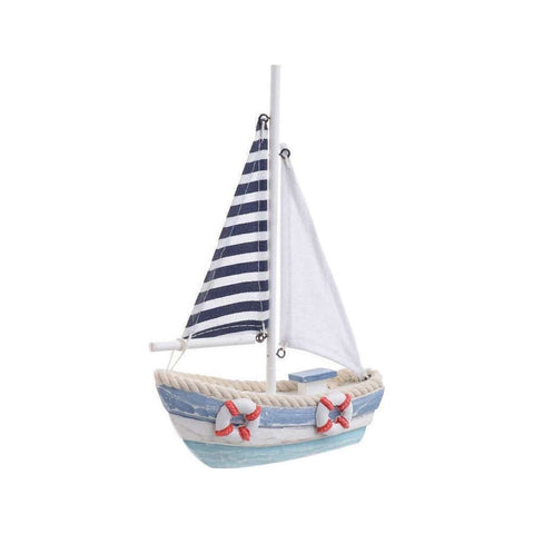 INART Blue wooden boat decoration with fabric sails 19x5x25 cm 4-70-511-0133