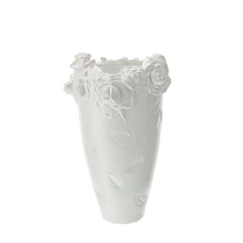 HERVIT Vaso da tavolo Porta fiori con roselline in rilievo gres bianco –  Angelica Home Stabia