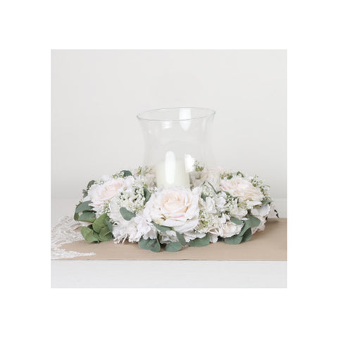 FIORI DI LENA Eucalyptus candle holder centerpiece with 8 roses, hydrangeas and flambeaux with candle 100% Made in Italy Ø60 cm