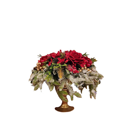 FIORI DI LENA Alzata natalizia con decoro pino innevato rose e pigne rosso H 65 cm