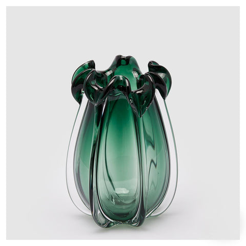 EDG Enzo de Gasperi Indoor vase with flower neck in green polished glass "Volute", for flowers or plants, modern style