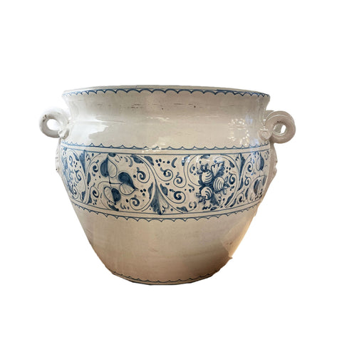 LEONA Cache pot fait main IMPERIA vase en céramique blanche et décorations bleues Ø45 H30 cm