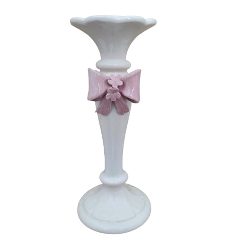 NALI' White Capodimonte porcelain candlestick with pink bow 30cm LF28ROSA