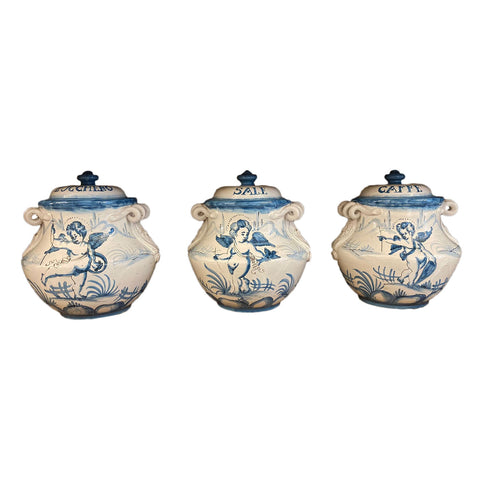LEONA Tris barattoli con coperchio SALONA ceramica bianca decori blu Ø22 H25 cm