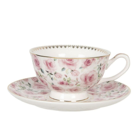CLAYRE &amp; EEF Set 2 tasses à thé avec soucoupe en porcelaine fleurs roses 15x15x2 cm