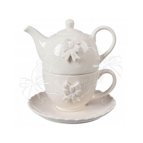CUDDLES AT HOME BOW teapot with cup and saucer with white ceramic flakes