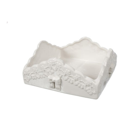 COCCOLE DI CASA Porta tovaglioli da tavola quadrato in ceramica bianca con fiocco Shabby Chic "Flower" 20x20x10 cm