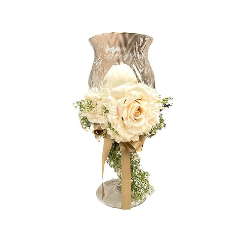 FIORI DI LENA Glass candle holder with mist, bud and beige hydrangea H 45 cm