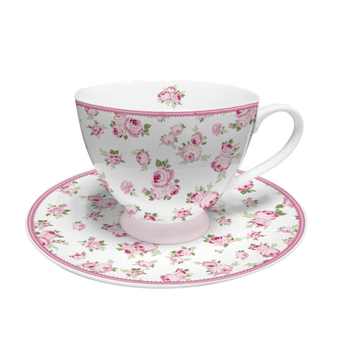 ISABELLE ROSE Porcelain cup and saucer TINY white porcelain with pink flowers