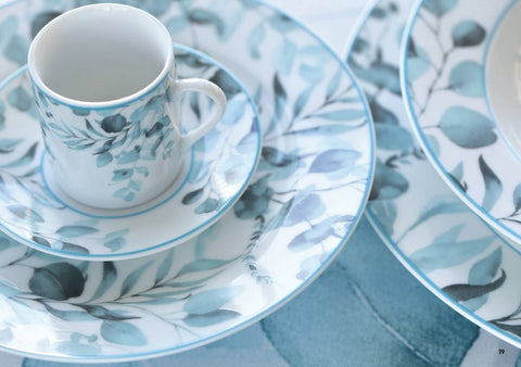 HERVIT Set of two blue coffee cups with saucer in Botanic porcelain Ø9x5 cm
