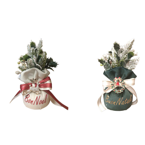 FIORI DI LENA Sacchetto natalizio 2 varianti con scritta fiocco e campanelle H19 cm