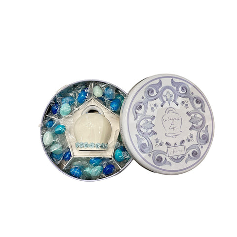 SHARON Scatola rotonda in latta con campana in porcellana, porta confetti made in italy idea bomboniera