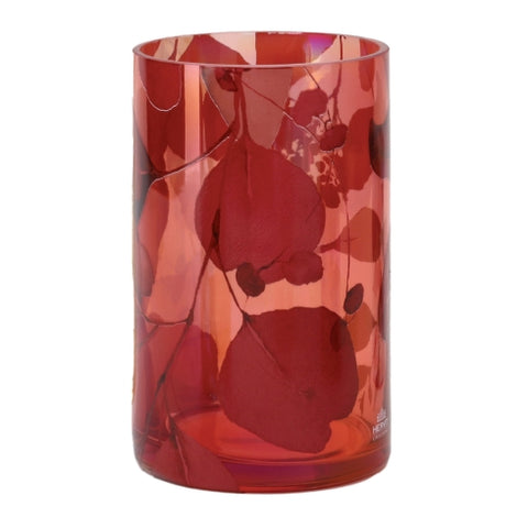 Hervit Botanic red glass vase with leaf decorations + gift box 12xh20 cm