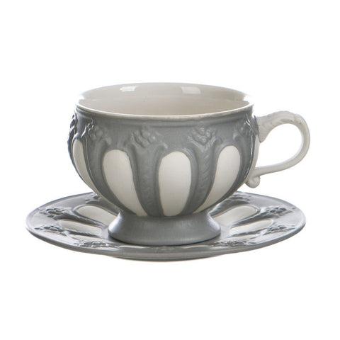 BLANC MARICLO' Set 2 tasses à thé avec soucoupe LA FENICE céramique blanche et grise H7,3 cm a28318