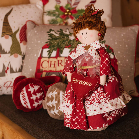 FABRIC CLOUDS Doll doorstop with Christmas dedication in red fabric H30 cm