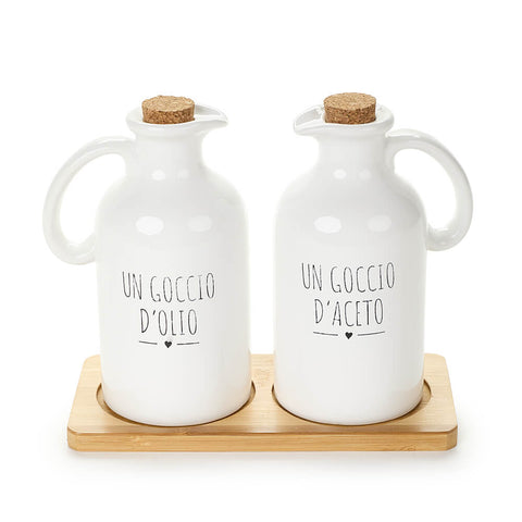 Nuvole di Stoffa Oil and Vinegar Set in dolomite with wooden base "My Home"
