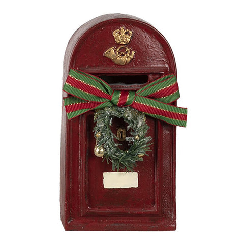 Clayre &amp; Eef Red Mailbox Christmas Figurine with Bow and Garland 8x6x15cm