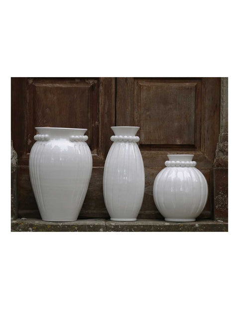 VIRGINIA CASA Vaso stretto a righe con perle Shabby Chic in ceramica bianco made in italy Ø22 H50 cm