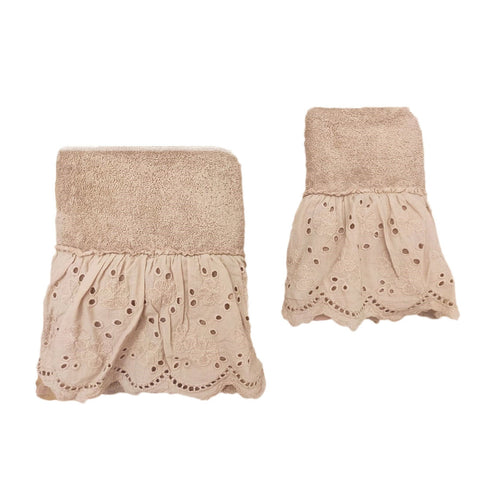OPIFICIO DEI SOGNI Pair of pink terrycloth towels in san gallo lace MADELEINE