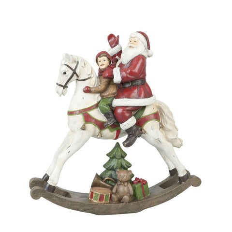 Clayre &amp; Eef Père Noël sur cheval à bascule avec enfant en polyrésine