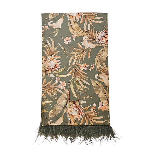 Fiori di lena Runner in cotton with floral print and feathers Made in Italy