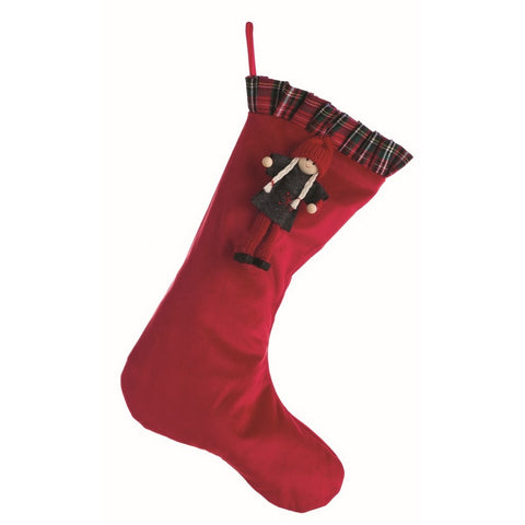 BLANC MARICLO' Chaussette de Noël velours poupée tartan rouge GUI 35x19