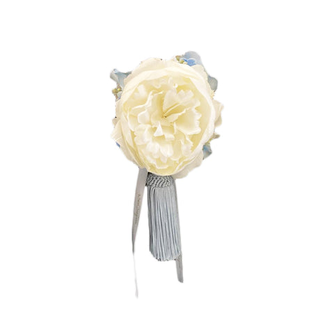 MATA CREAZIONI Nappa con peonia bianca decoro floreale cotone celeste H25 cm