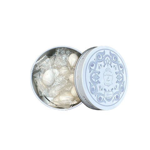 SHARON Scatola rotonda in latta bianco/celeste , porta confetti made in italy idea bomboniera