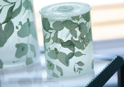 HERVIT Récipient à épices en verre à décor floral botanique vert Ø9,5x12,5cm