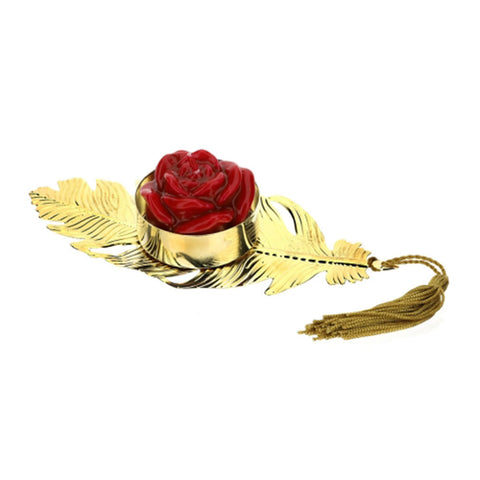 HERVIT Christmas gold metal leaf candle holder with red candle 7x16,5 cm