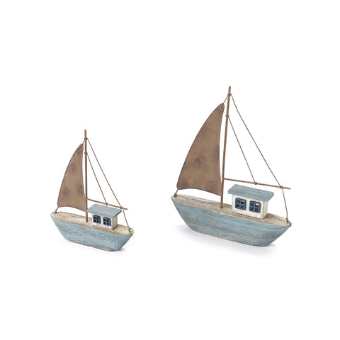 FABRIC CLOUDS Set 2 sailboats NAUTILUS light blue beige wood 2 sizes